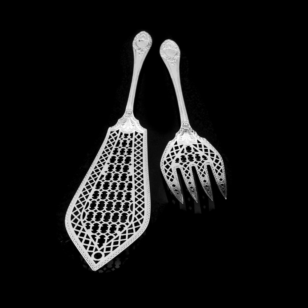 A Rare Victorian Solid Silver Hand-Pierced Fish Server Set - Martin Hall & Co. 1863 View V