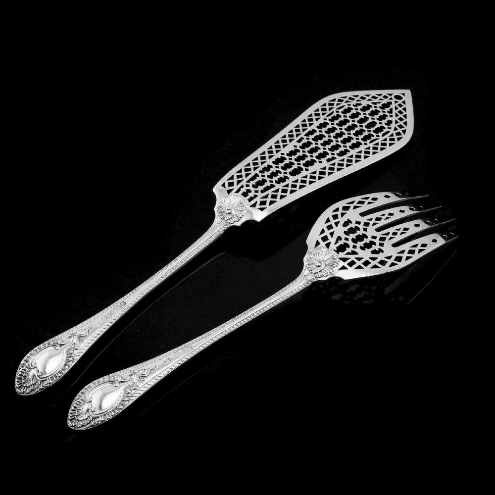 A Rare Victorian Solid Silver Hand-Pierced Fish Server Set - Martin Hall & Co. 1863 View VI