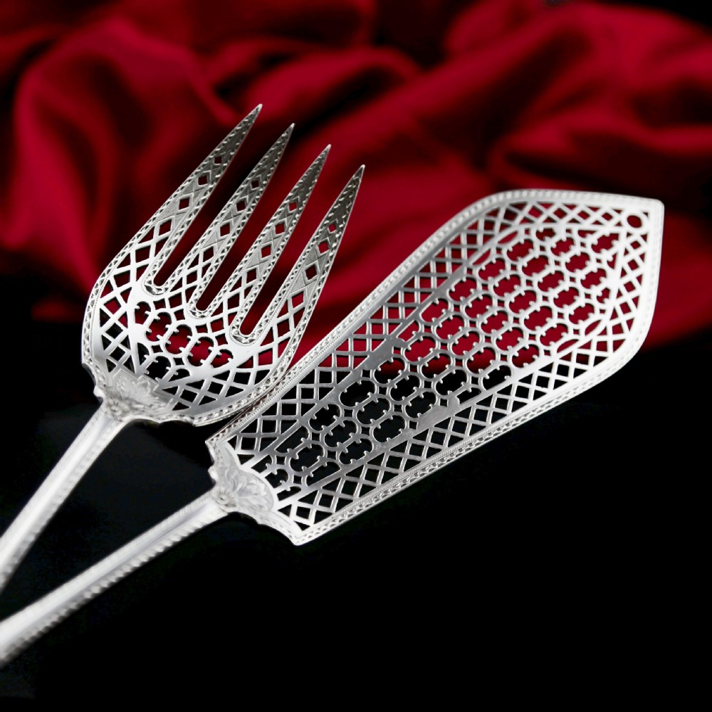 A Rare Victorian Solid Silver Hand-Pierced Fish Server Set - Martin Hall & Co. 1863 View XI