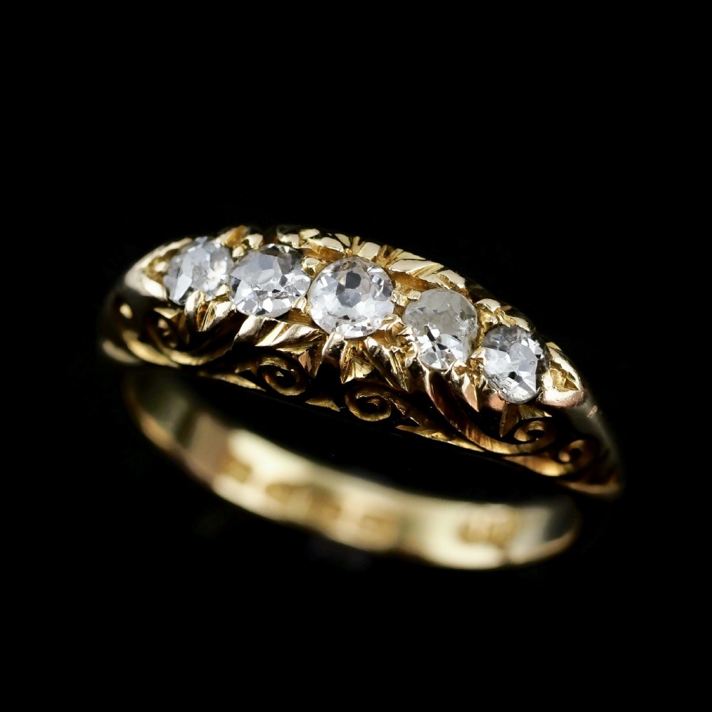 Antique Edwardian 18K Gold Engraved & 5 Diamond Ring - 1908