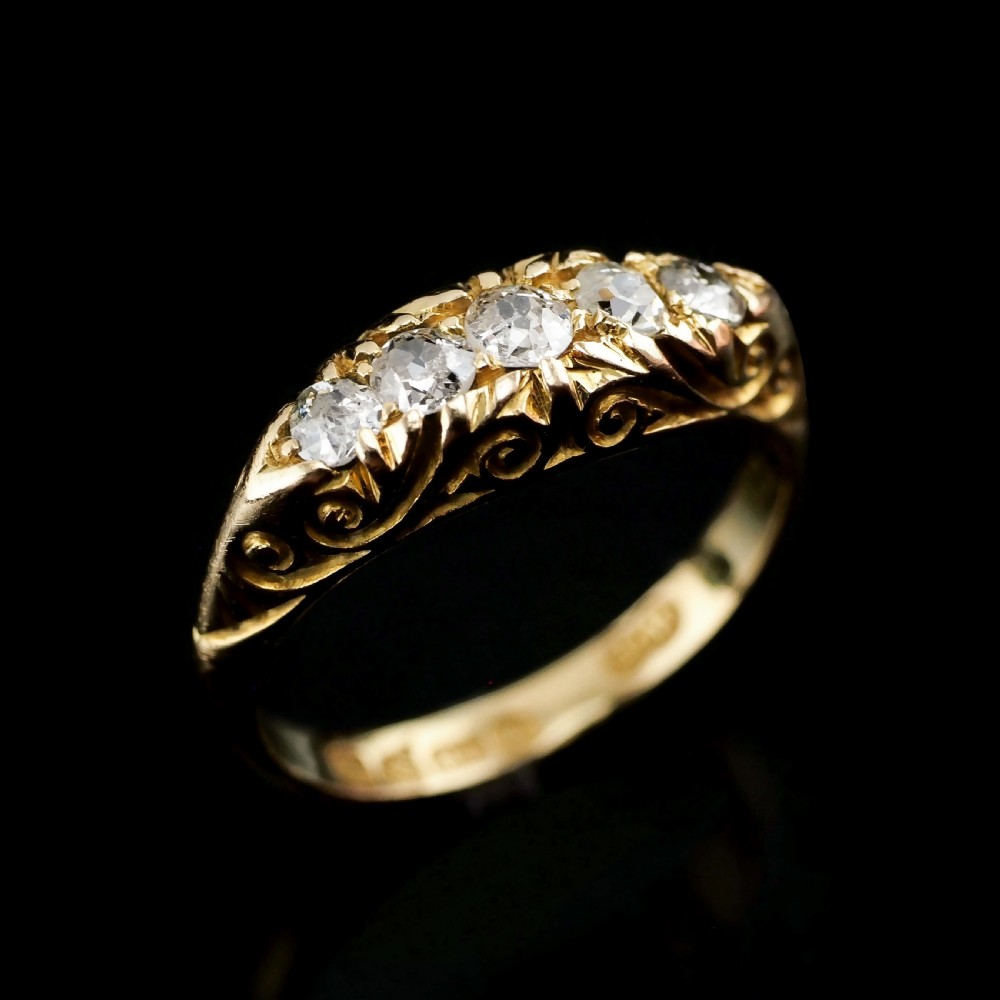 Antique Edwardian 18K Gold Engraved & 5 Diamond Ring - 1908 View III