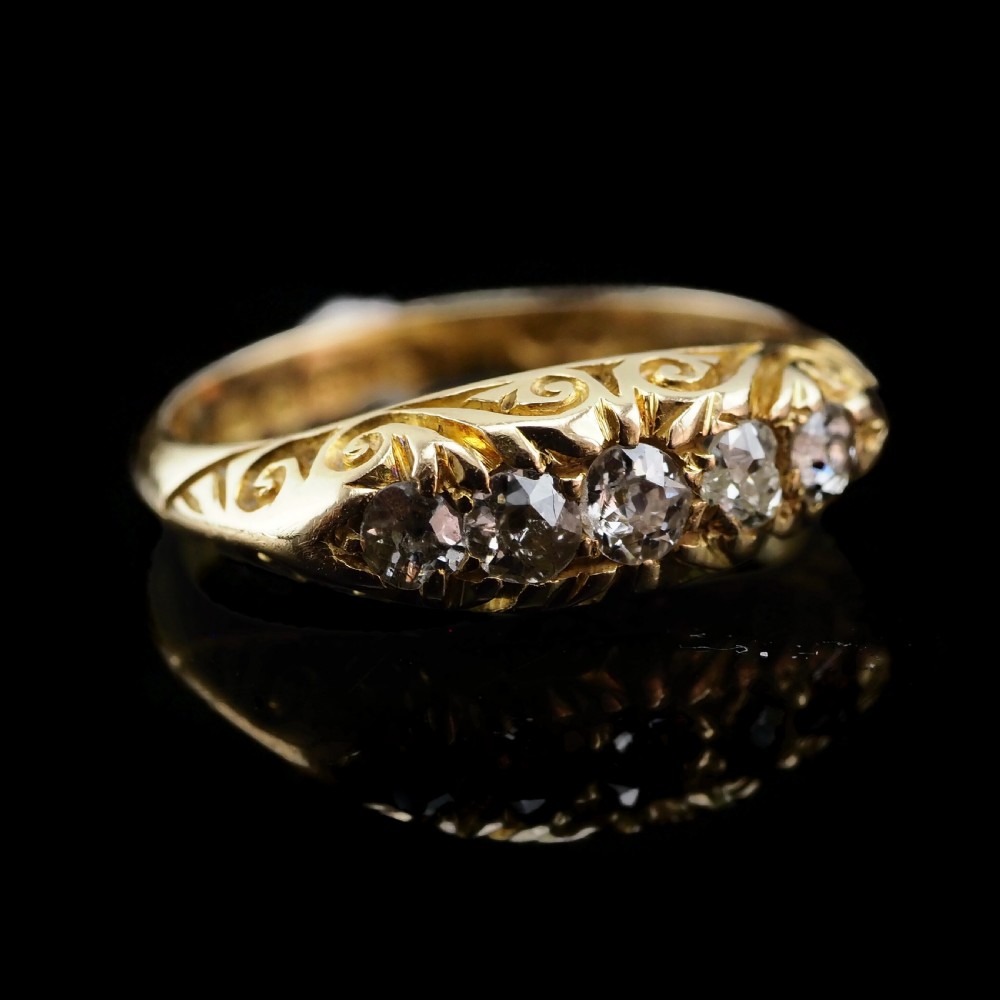 Antique Edwardian 18K Gold Engraved & 5 Diamond Ring - 1908 View VII