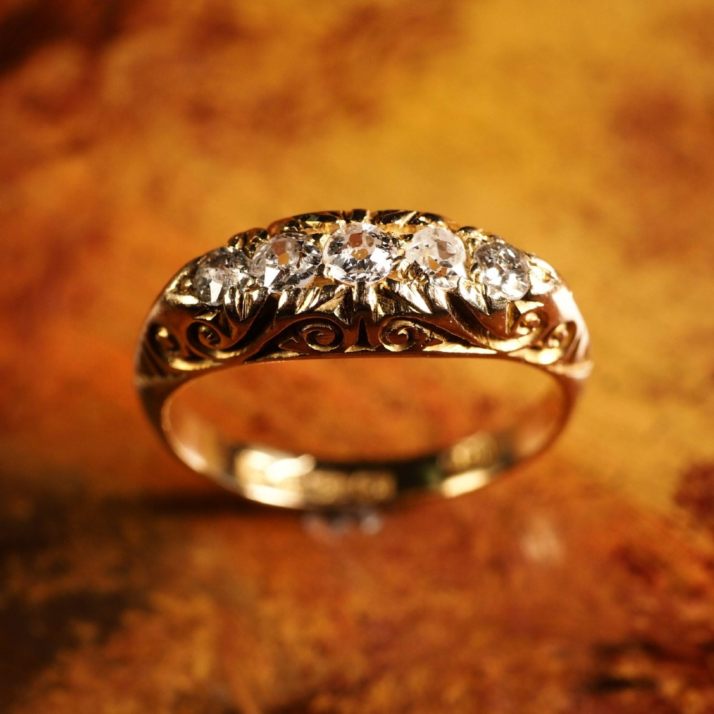 Antique Edwardian 18K Gold Engraved & 5 Diamond Ring - 1908 View XIII