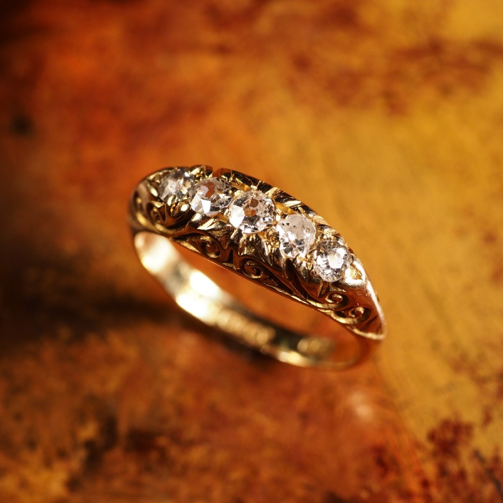 Antique Edwardian 18K Gold Engraved & 5 Diamond Ring - 1908 View XIV