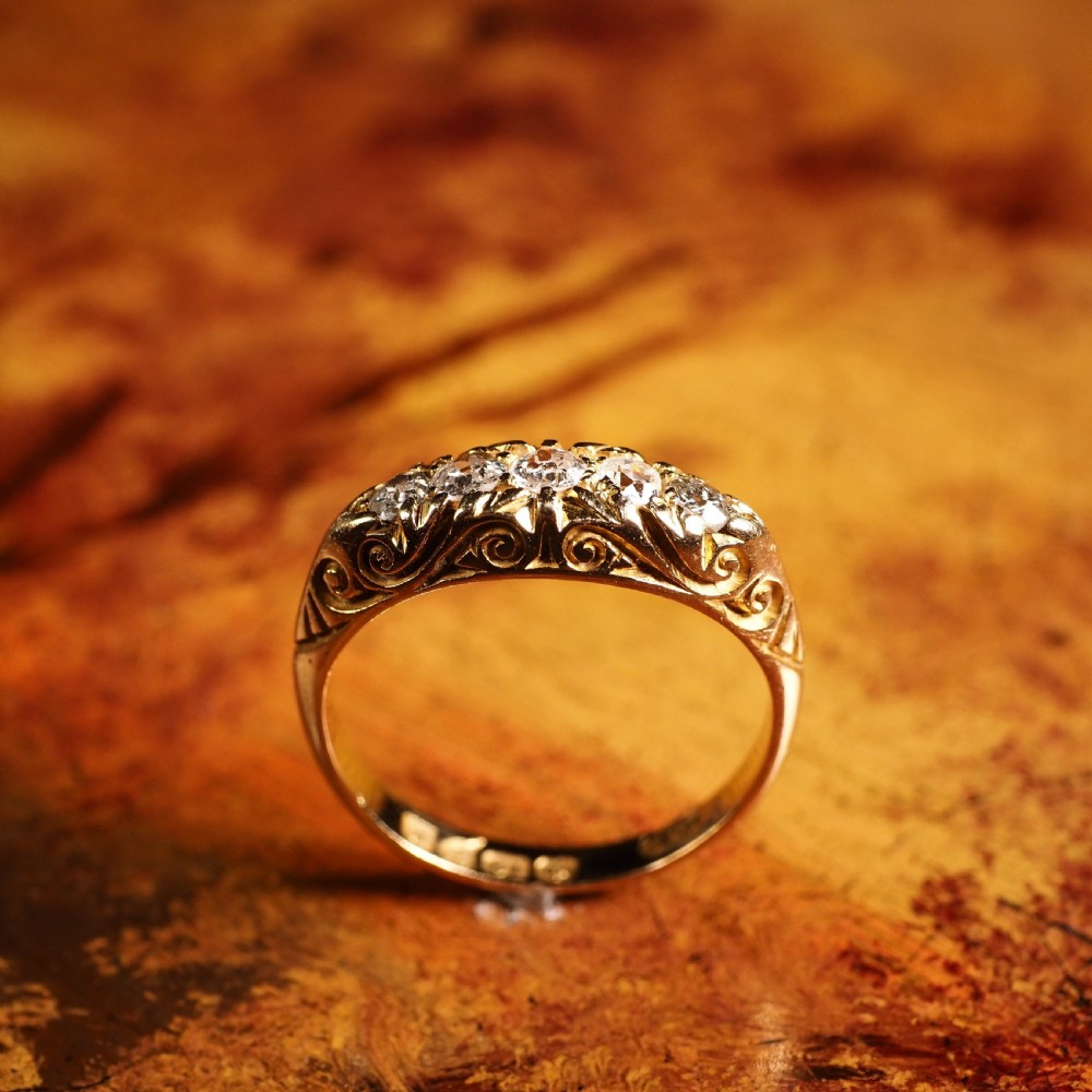 Antique Edwardian 18K Gold Engraved & 5 Diamond Ring - 1908 View XV