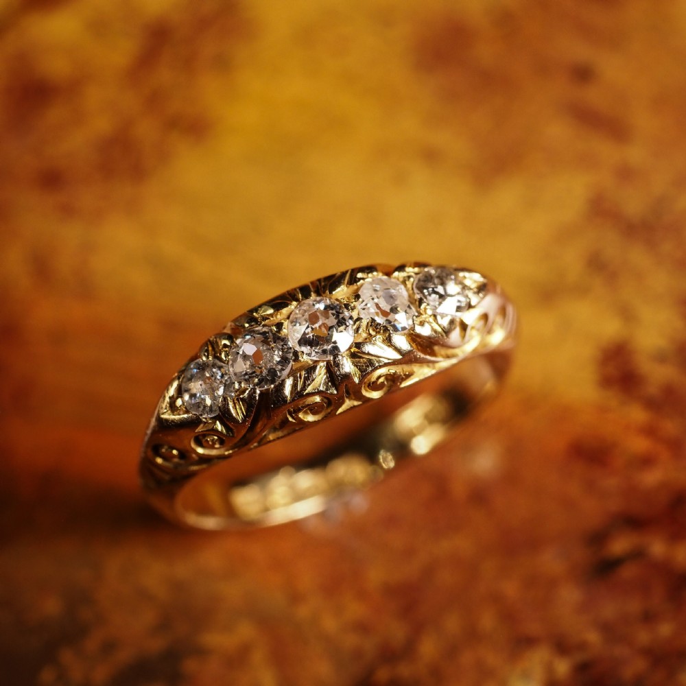Antique Edwardian 18K Gold Engraved & 5 Diamond Ring - 1908 View XVI