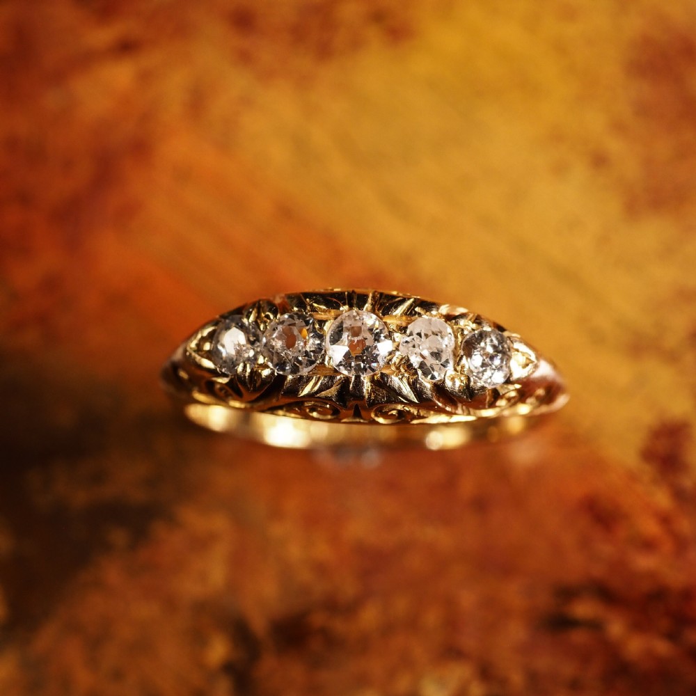 Antique Edwardian 18K Gold Engraved & 5 Diamond Ring - 1908 View XVII