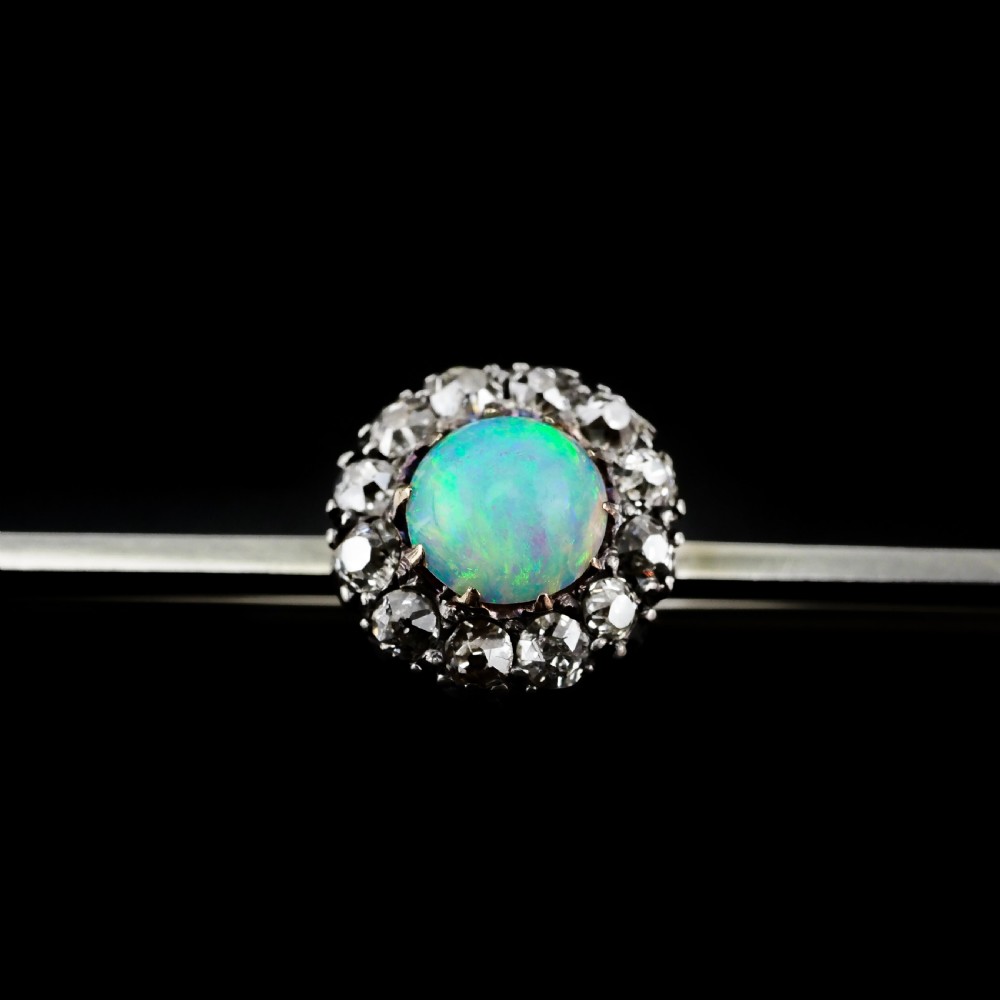 Antique 18K White Gold Opal & Diamond Cluster Pin Brooch - c.1910