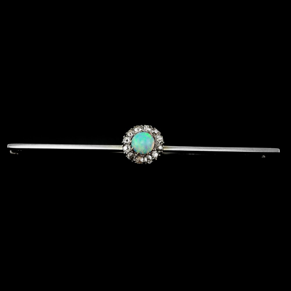 Antique 18K White Gold Opal & Diamond Cluster Pin Brooch - c.1910 View II