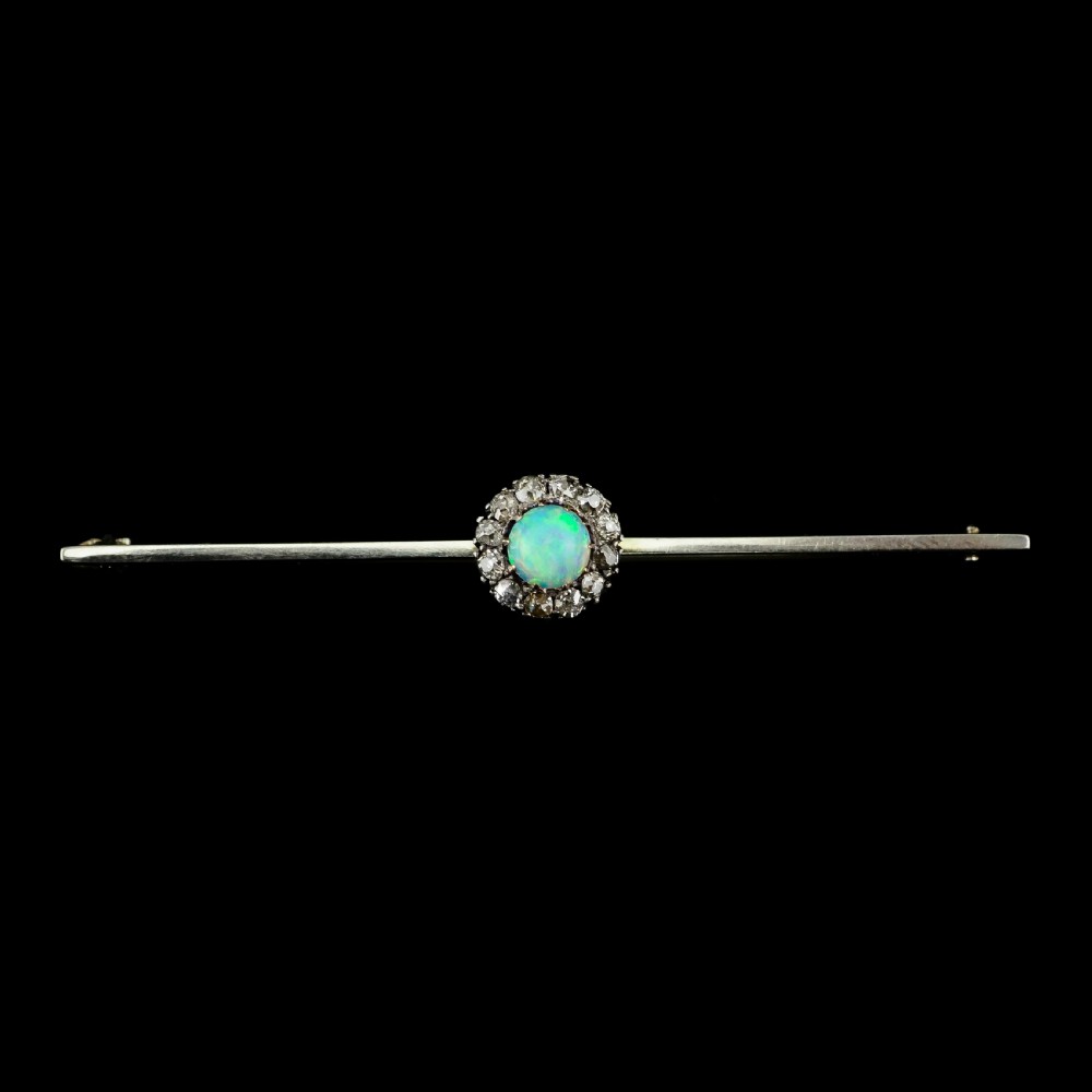 Antique 18K White Gold Opal & Diamond Cluster Pin Brooch - c.1910 View III