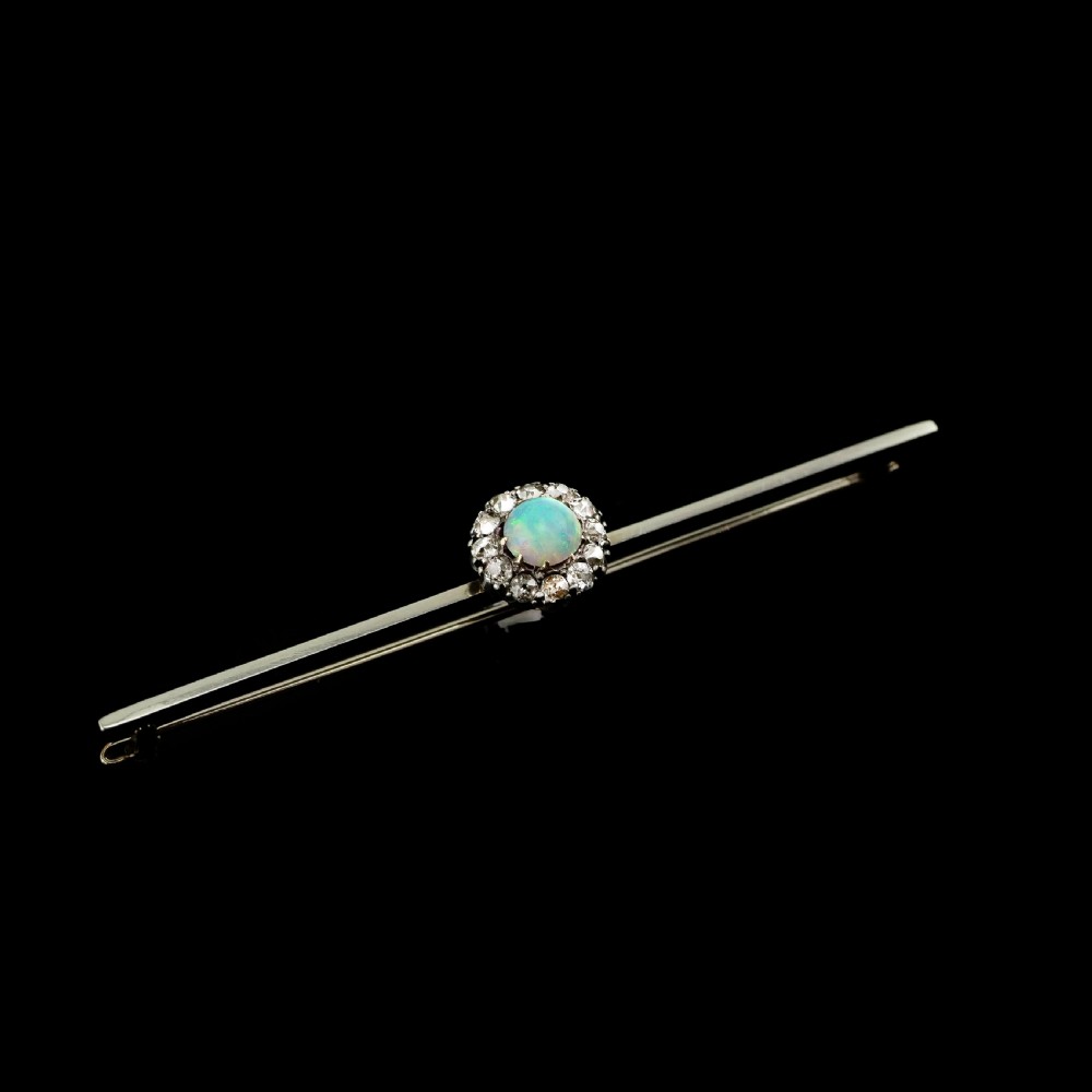 Antique 18K White Gold Opal & Diamond Cluster Pin Brooch - c.1910 View IV