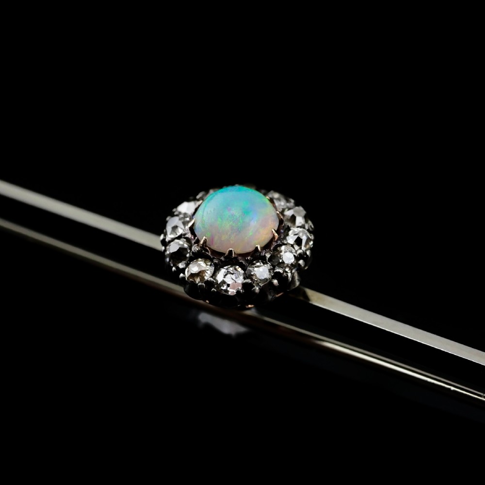 Antique 18K White Gold Opal & Diamond Cluster Pin Brooch - c.1910 View VII