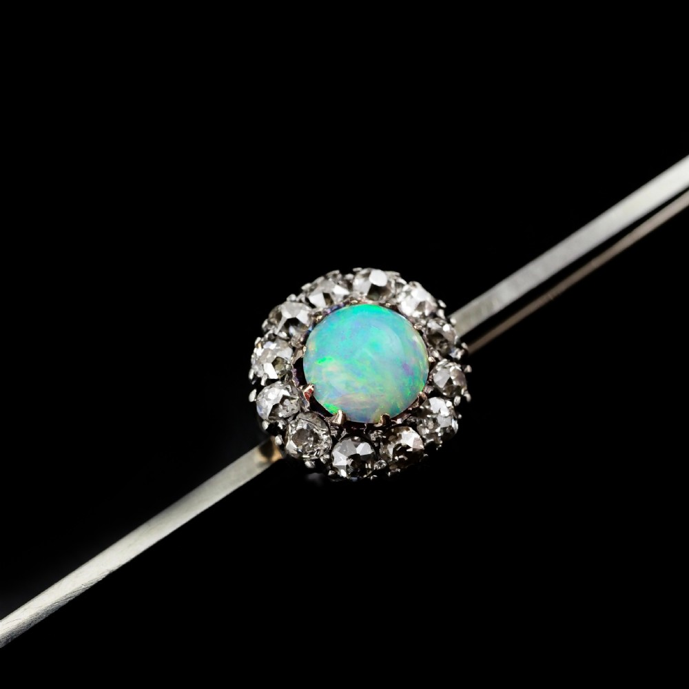 Antique 18K White Gold Opal & Diamond Cluster Pin Brooch - c.1910 View VIII