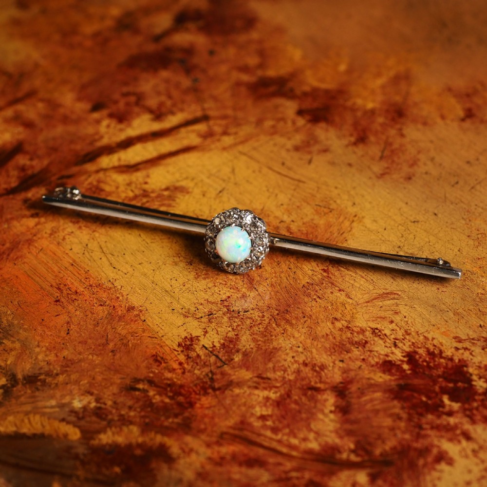 Antique 18K White Gold Opal & Diamond Cluster Pin Brooch - c.1910 View XI