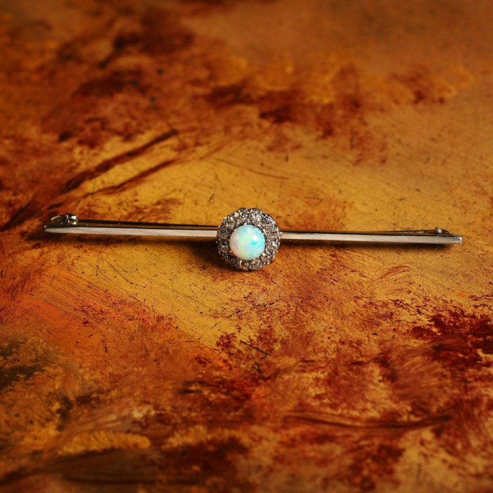 Antique 18K White Gold Opal & Diamond Cluster Pin Brooch - c.1910 View XII