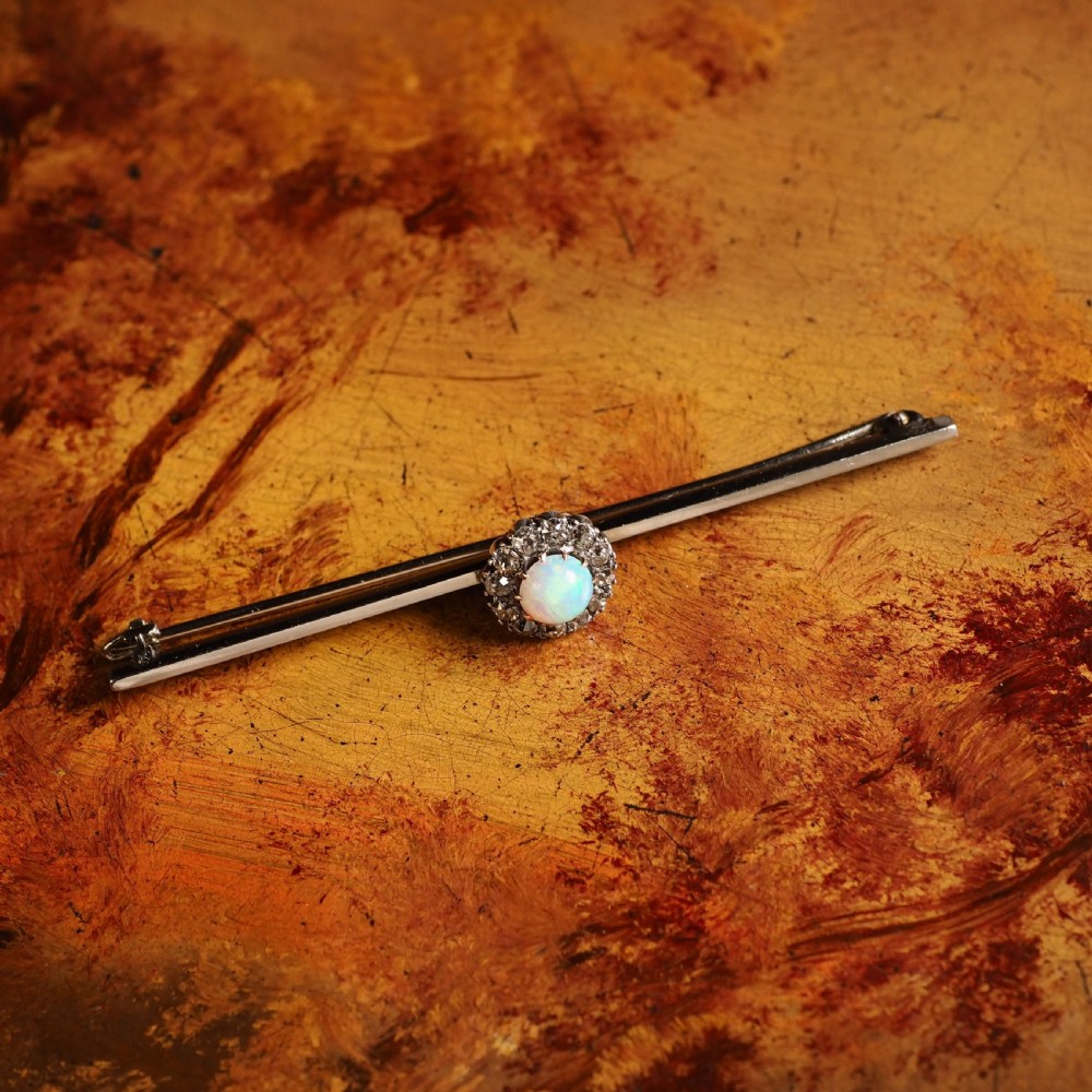 Antique 18K White Gold Opal & Diamond Cluster Pin Brooch - c.1910 View XIII