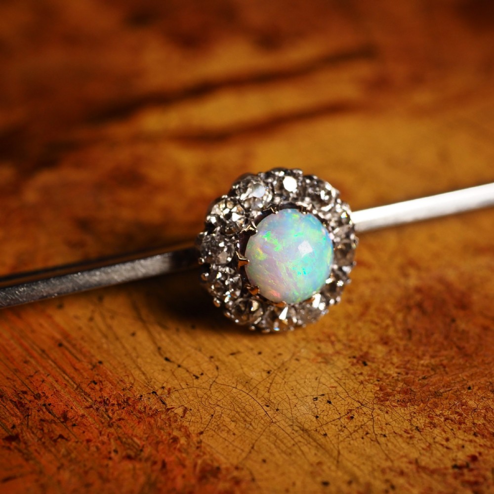 Antique 18K White Gold Opal & Diamond Cluster Pin Brooch - c.1910 View XIV