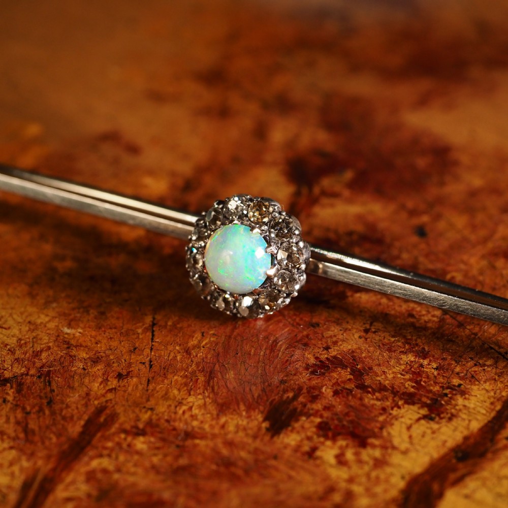 Antique 18K White Gold Opal & Diamond Cluster Pin Brooch - c.1910 View XV