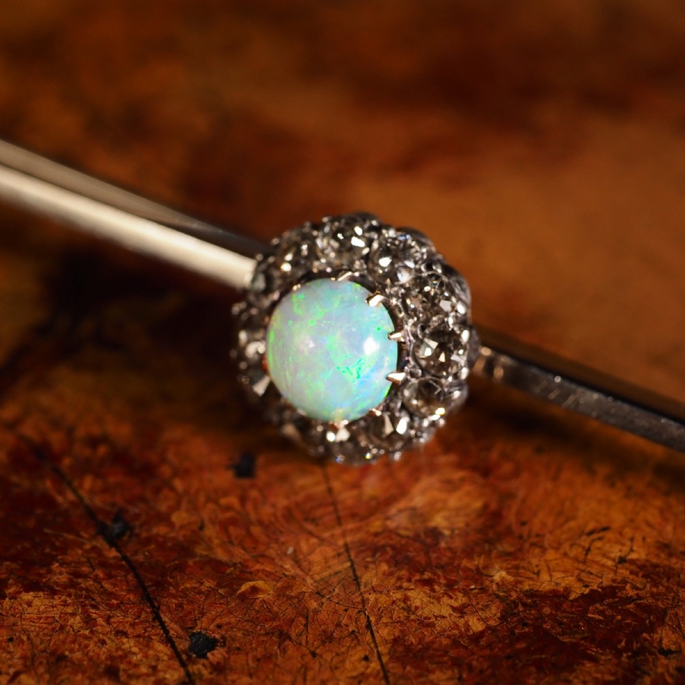 Antique 18K White Gold Opal & Diamond Cluster Pin Brooch - c.1910 View XVI