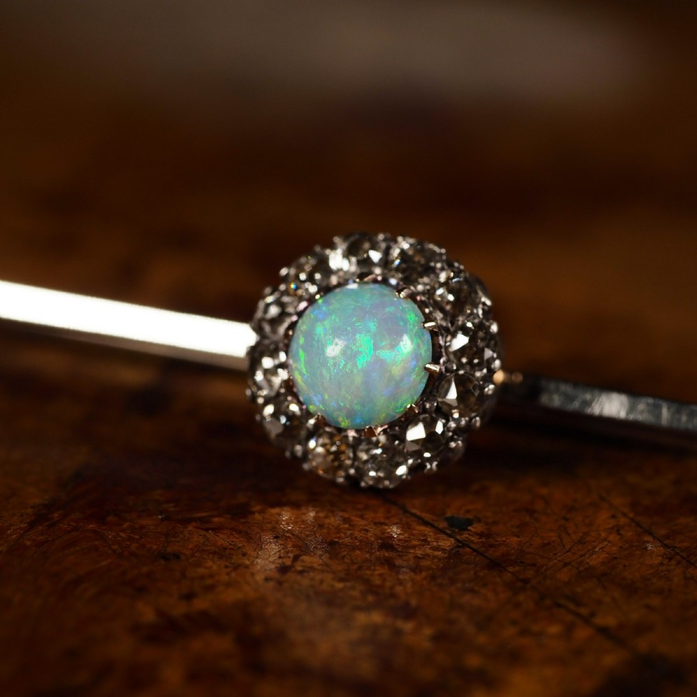 Antique 18K White Gold Opal & Diamond Cluster Pin Brooch - c.1910 View XVII