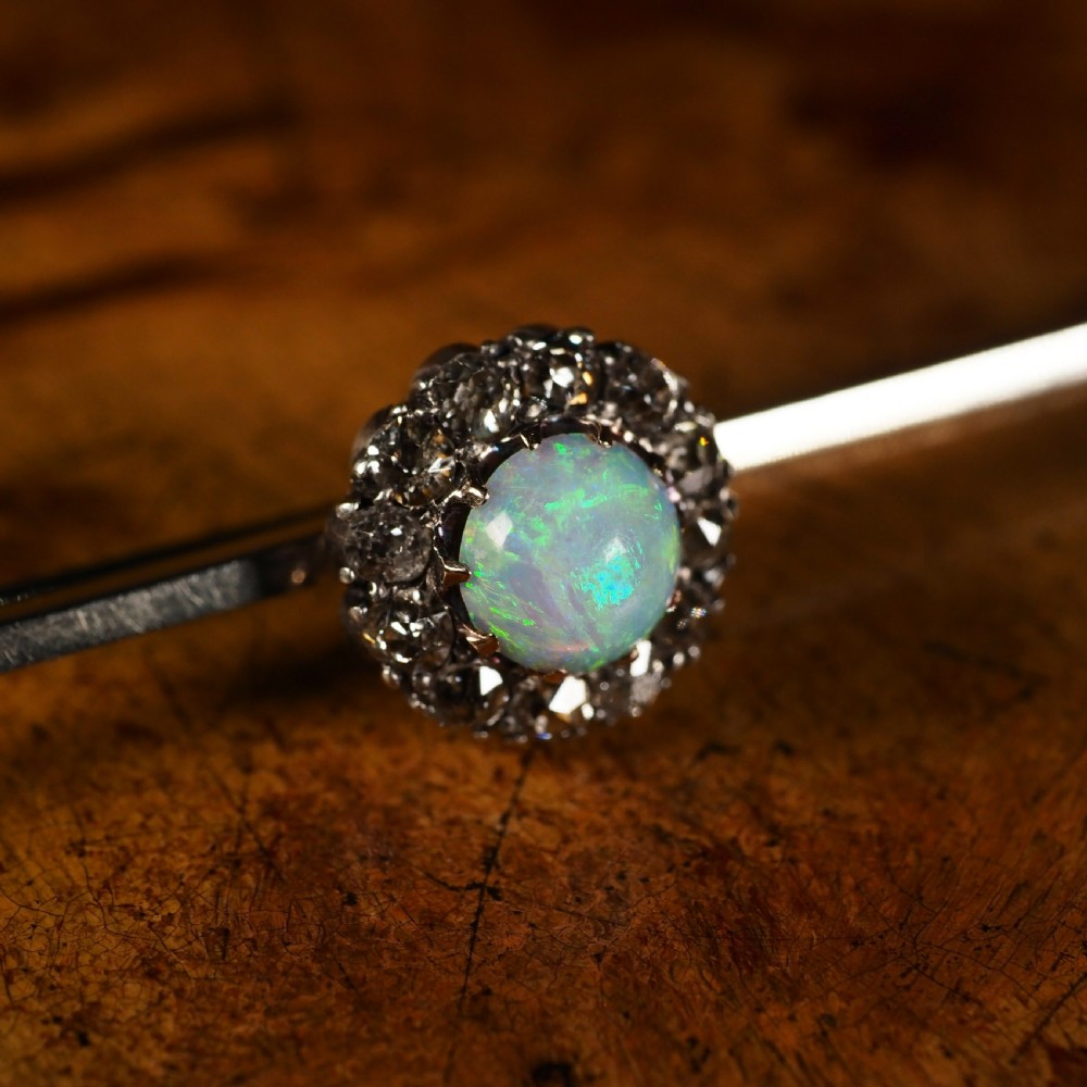 Antique 18K White Gold Opal & Diamond Cluster Pin Brooch - c.1910 View XVIII