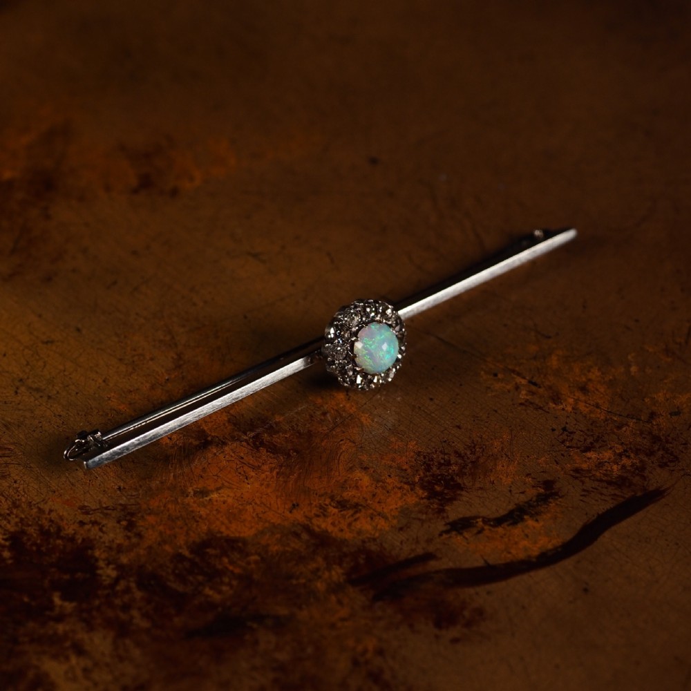 Antique 18K White Gold Opal & Diamond Cluster Pin Brooch - c.1910 View XIX