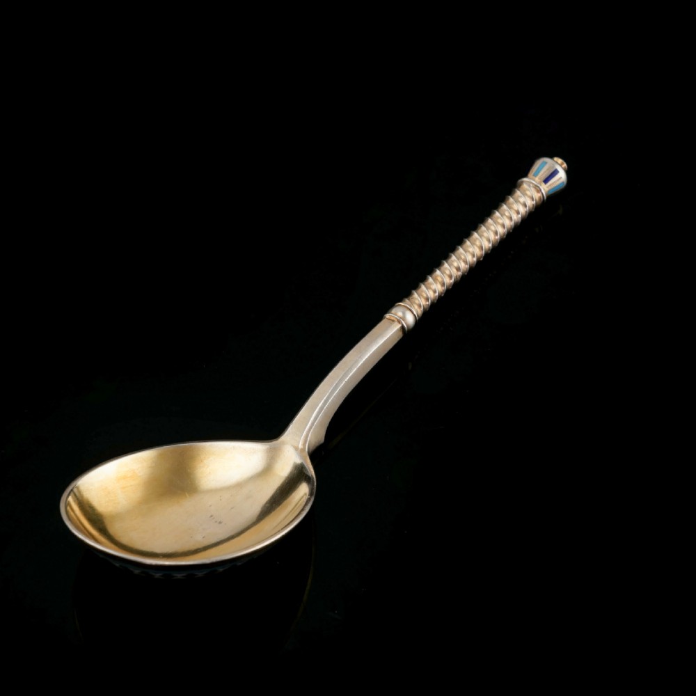 A Large Imperial Russian Solid Silver Enamel Champleve Spoon - Ivan Khlebnikov View VIII