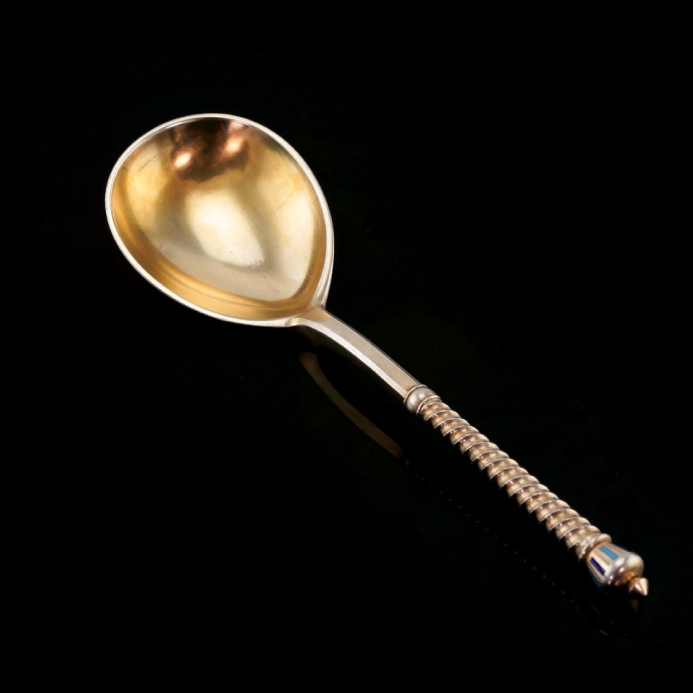 A Large Imperial Russian Solid Silver Enamel Champleve Spoon - Ivan Khlebnikov View IX