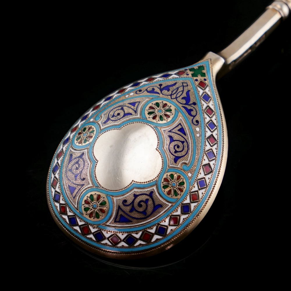 A Large Imperial Russian Solid Silver Enamel Champleve Spoon - Ivan Khlebnikov View XV