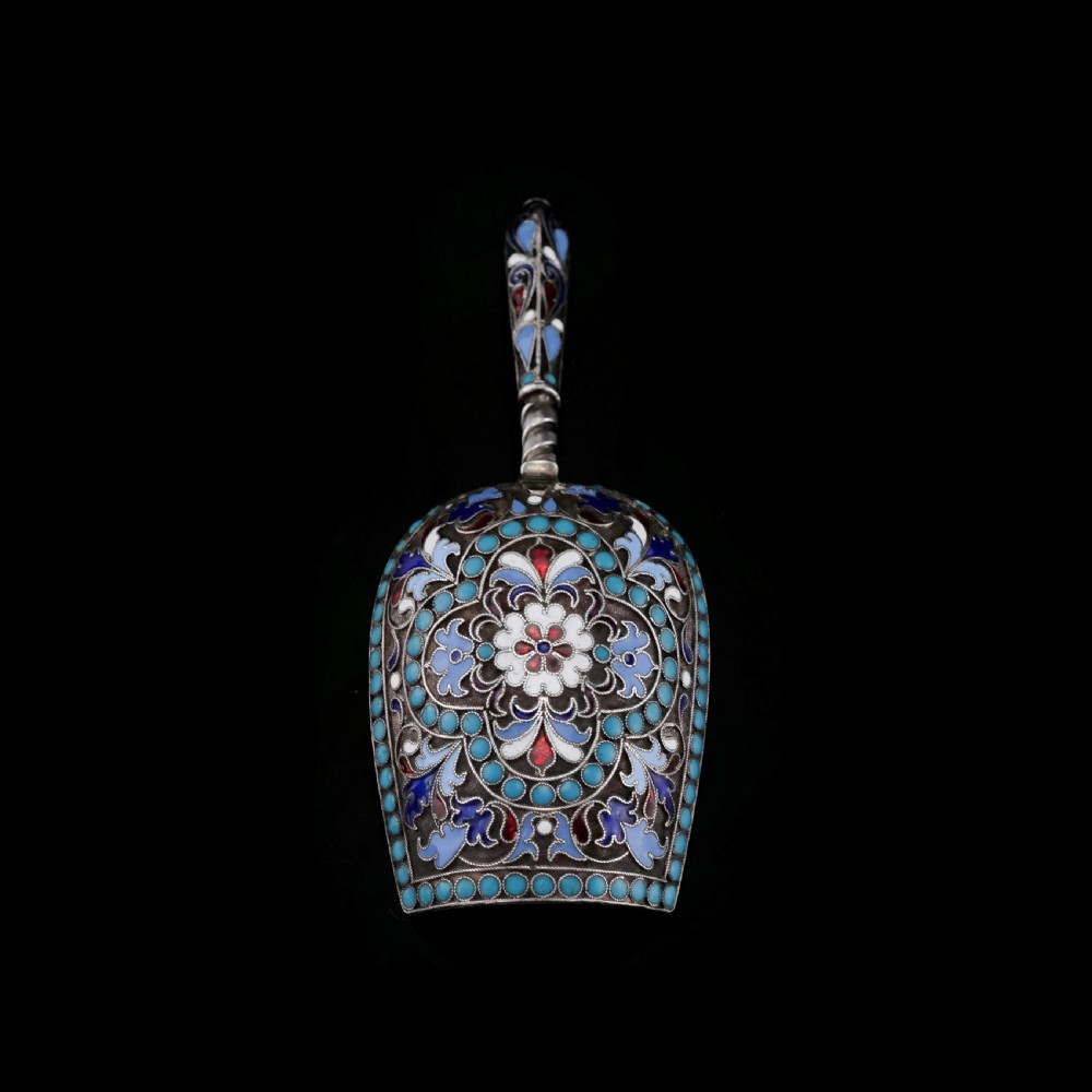 Antique Imperial Russian Solid Silver Enamel Cloisonne Caddy Spoon - Gustav Klingert 1891 View II