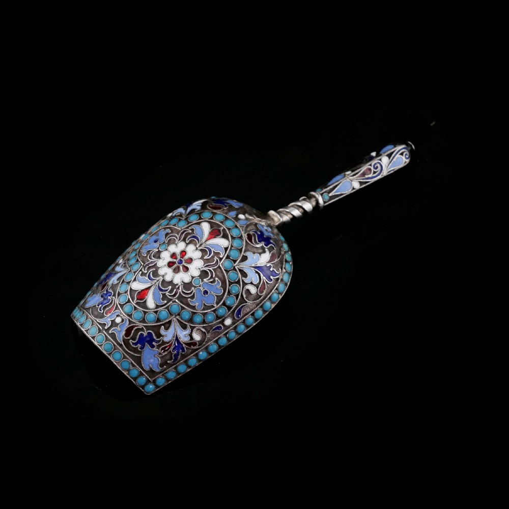 Antique Imperial Russian Solid Silver Enamel Cloisonne Caddy Spoon - Gustav Klingert 1891 View III