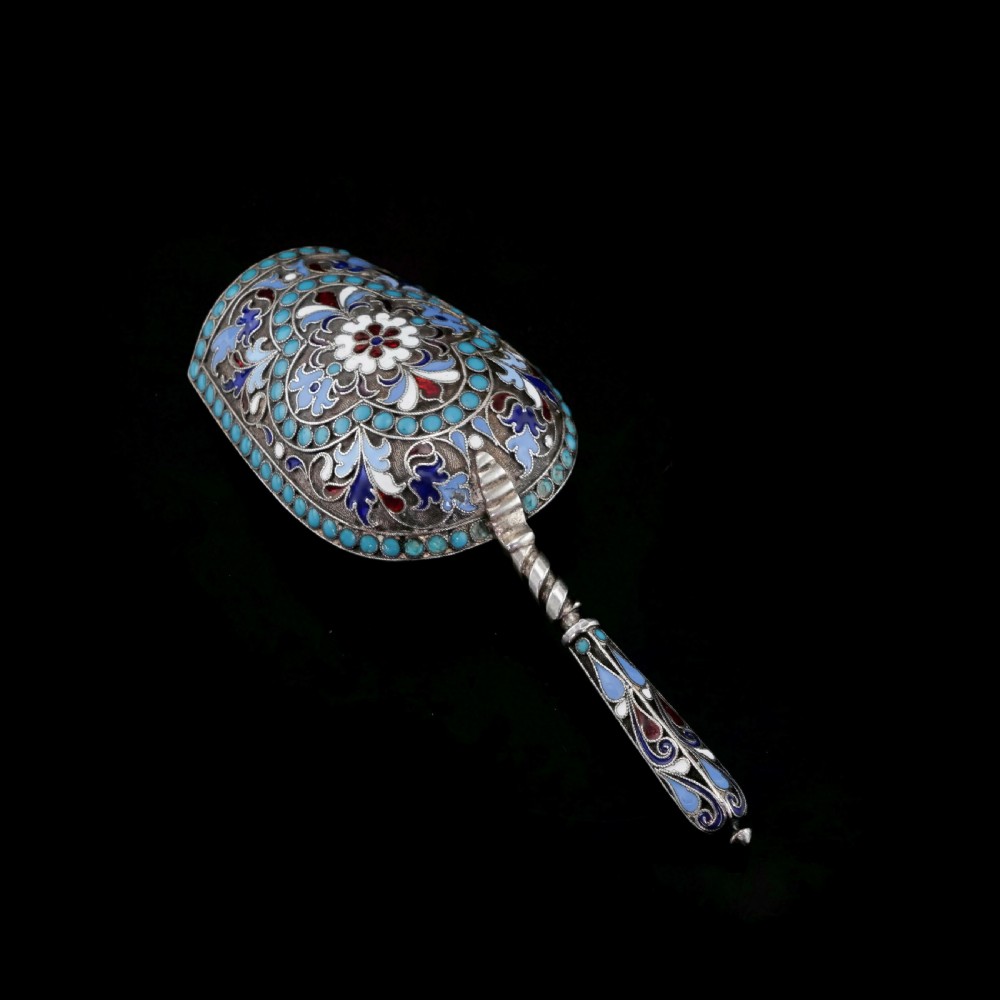 Antique Imperial Russian Solid Silver Enamel Cloisonne Caddy Spoon - Gustav Klingert 1891 View IV