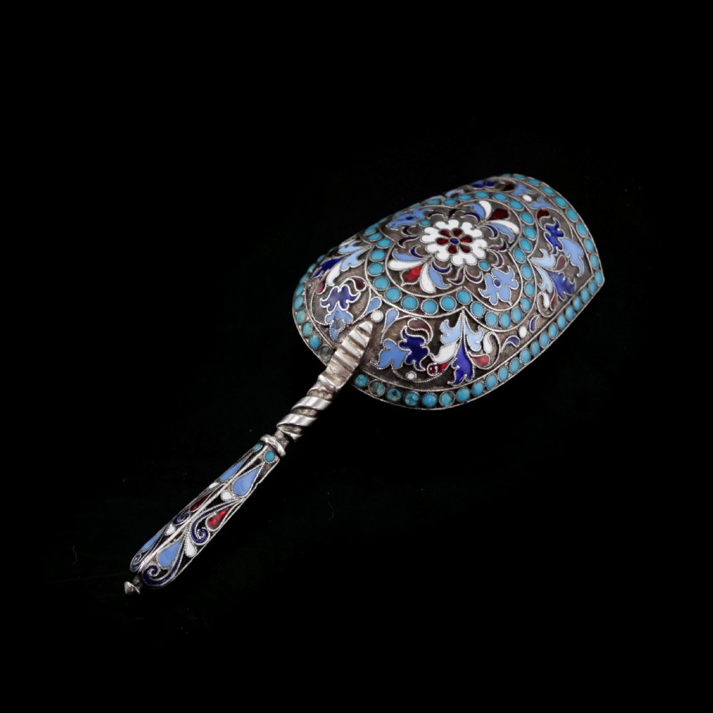 Antique Imperial Russian Solid Silver Enamel Cloisonne Caddy Spoon - Gustav Klingert 1891 View V