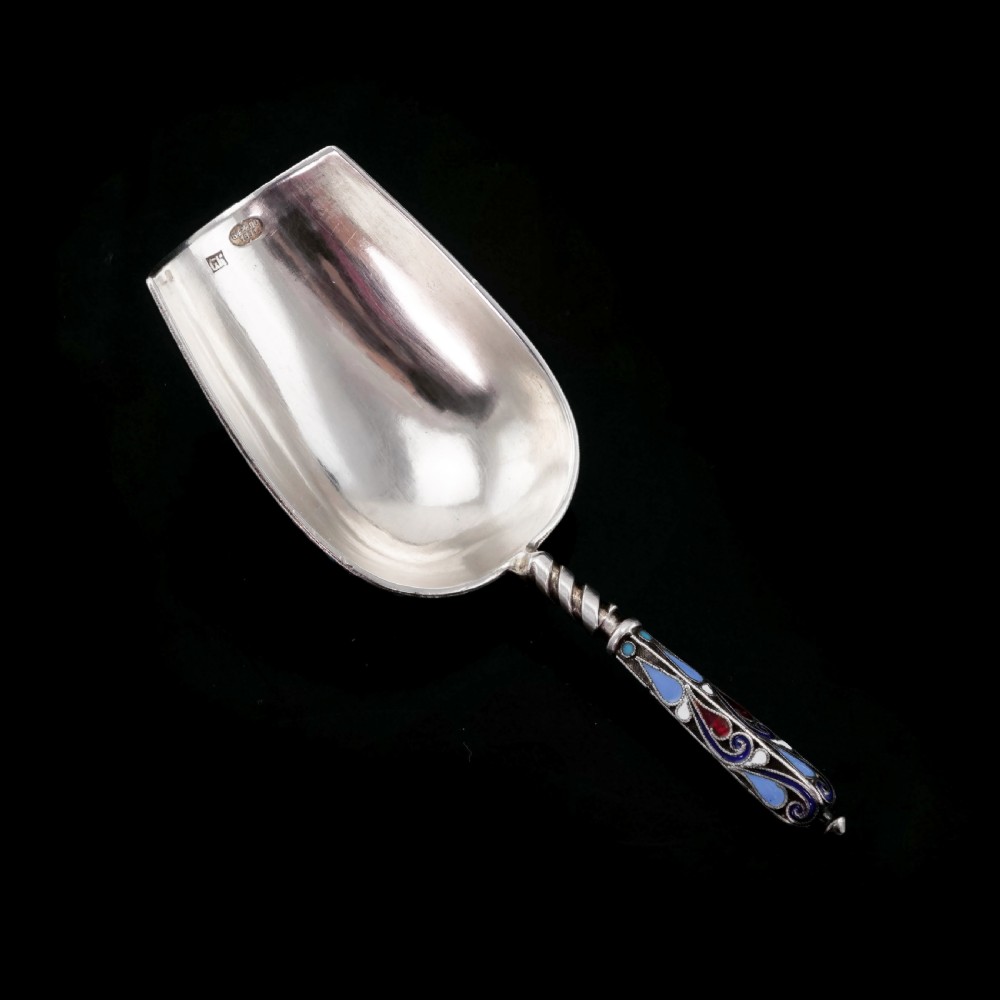 Antique Imperial Russian Solid Silver Enamel Cloisonne Caddy Spoon - Gustav Klingert 1891 View VII