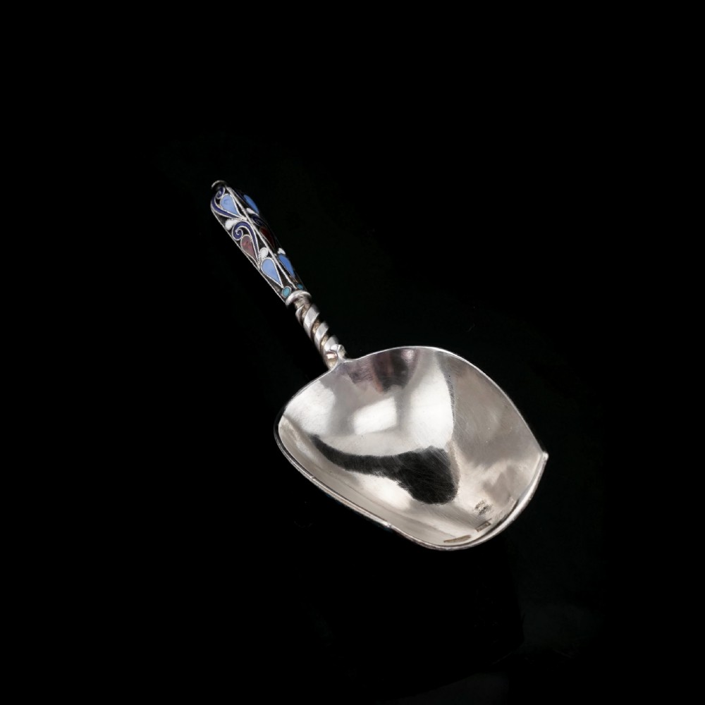 Antique Imperial Russian Solid Silver Enamel Cloisonne Caddy Spoon - Gustav Klingert 1891 View VIII