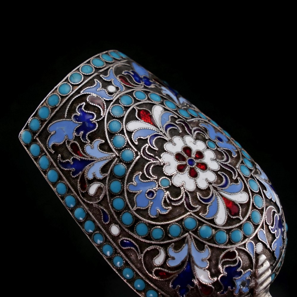 Antique Imperial Russian Solid Silver Enamel Cloisonne Caddy Spoon - Gustav Klingert 1891 View XII