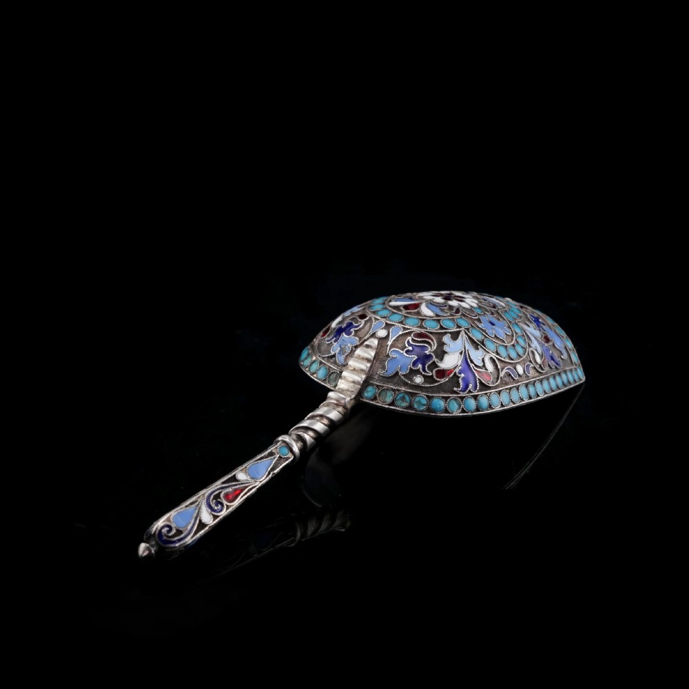 Antique Imperial Russian Solid Silver Enamel Cloisonne Caddy Spoon - Gustav Klingert 1891 View XVII