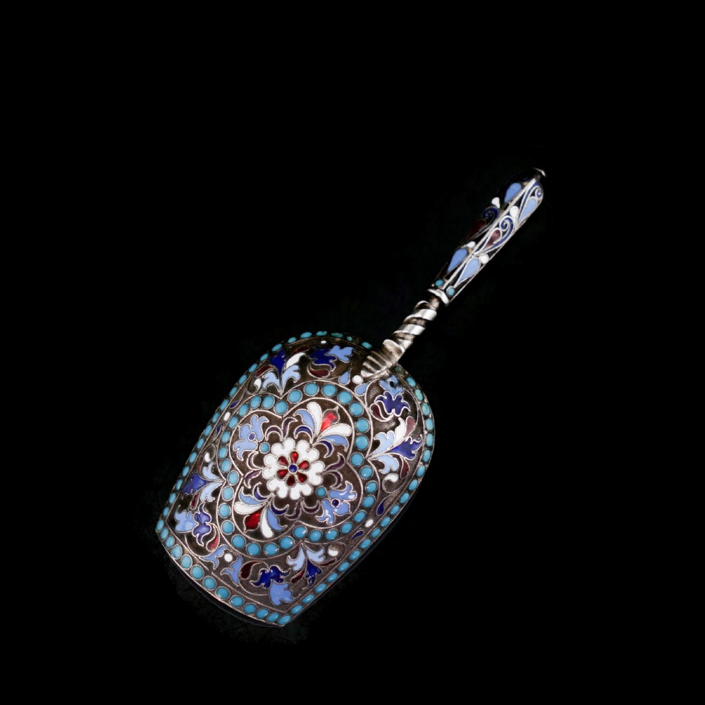 Antique Imperial Russian Solid Silver Enamel Cloisonne Caddy Spoon - Gustav Klingert 1891 View XVIII