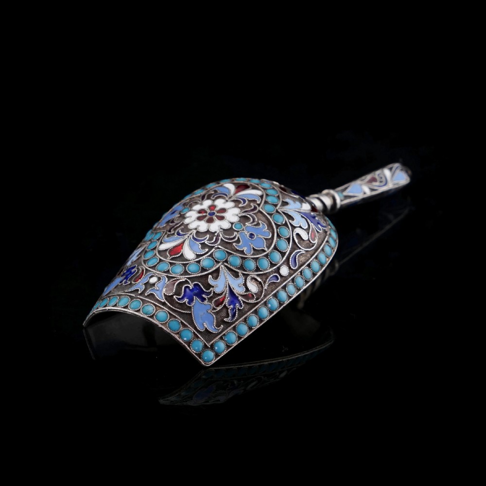 Antique Imperial Russian Solid Silver Enamel Cloisonne Caddy Spoon - Gustav Klingert 1891 View XIX
