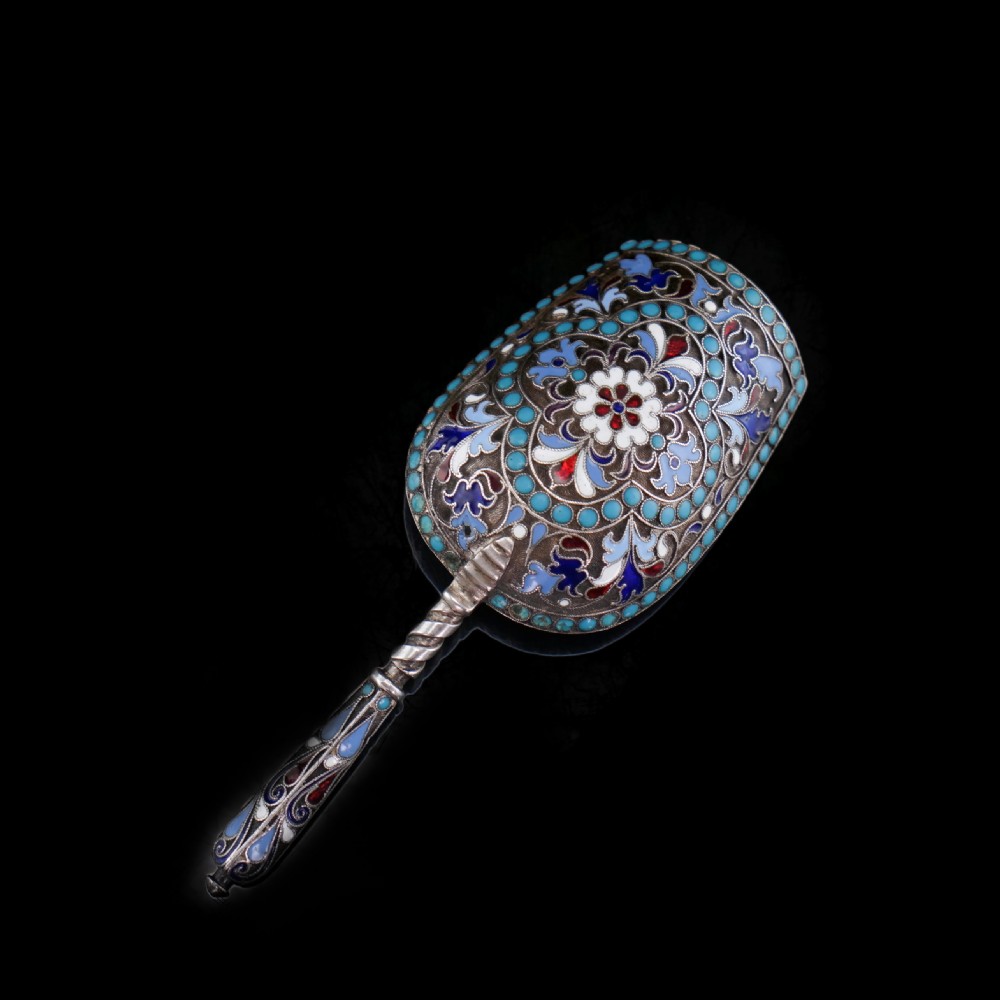 Antique Imperial Russian Solid Silver Enamel Cloisonne Caddy Spoon - Gustav Klingert 1891 View XX