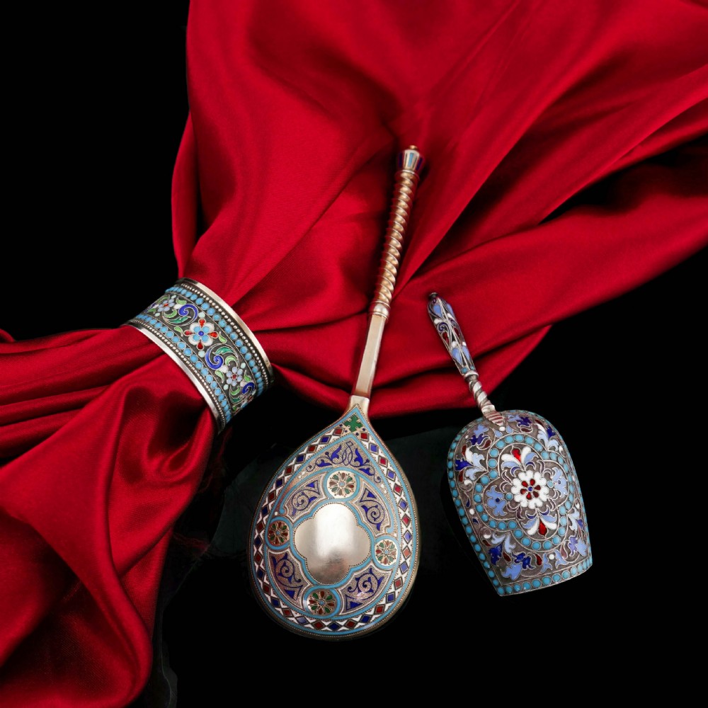 Antique Imperial Russian Solid Silver Enamel Cloisonne Caddy Spoon - Gustav Klingert 1891 View XXI