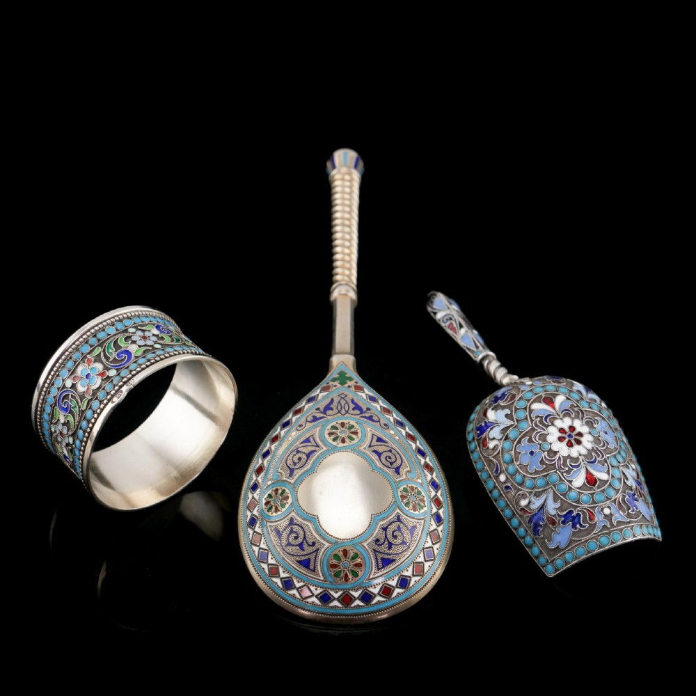 Antique Imperial Russian Solid Silver Enamel Cloisonne Caddy Spoon - Gustav Klingert 1891 View XXII