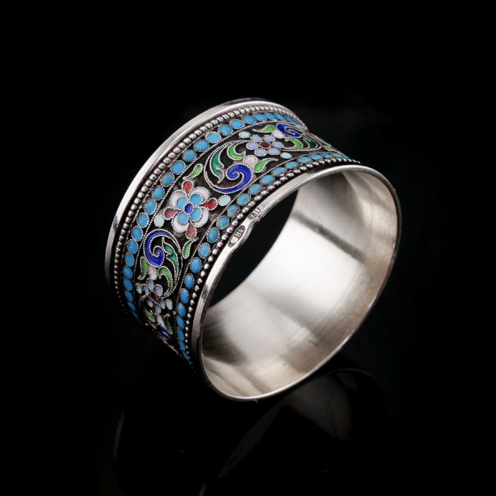 Antique Imperial Russian Solid Silver Cloisonne Enamel Napkin Ring - c1910