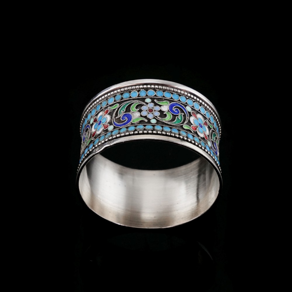 Antique Imperial Russian Solid Silver Cloisonne Enamel Napkin Ring - c1910 View III