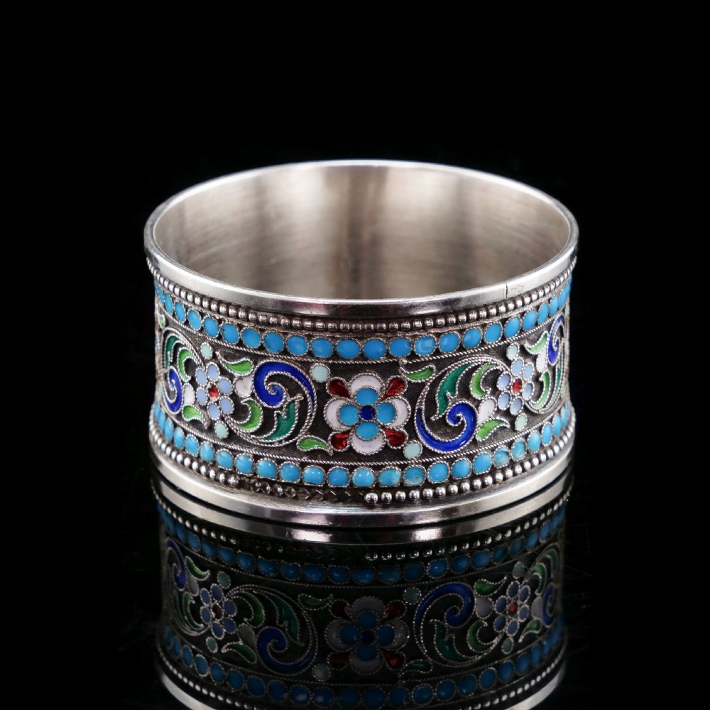 Antique Imperial Russian Solid Silver Cloisonne Enamel Napkin Ring - c1910 View IV