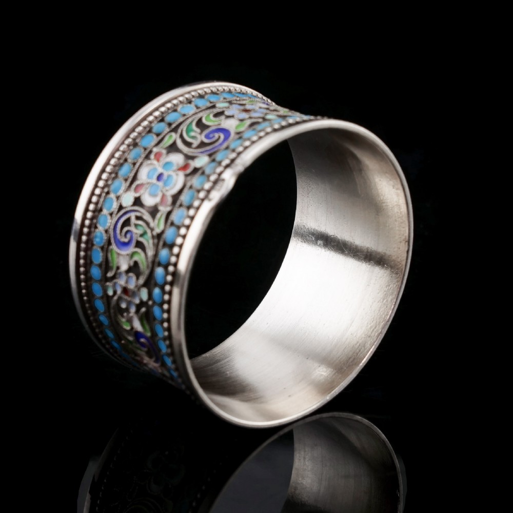 Antique Imperial Russian Solid Silver Cloisonne Enamel Napkin Ring - c1910 View VI
