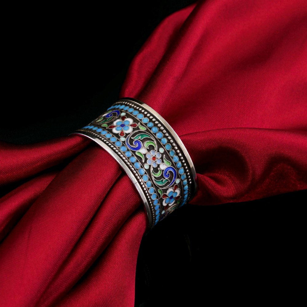 Antique Imperial Russian Solid Silver Cloisonne Enamel Napkin Ring - c1910 View X
