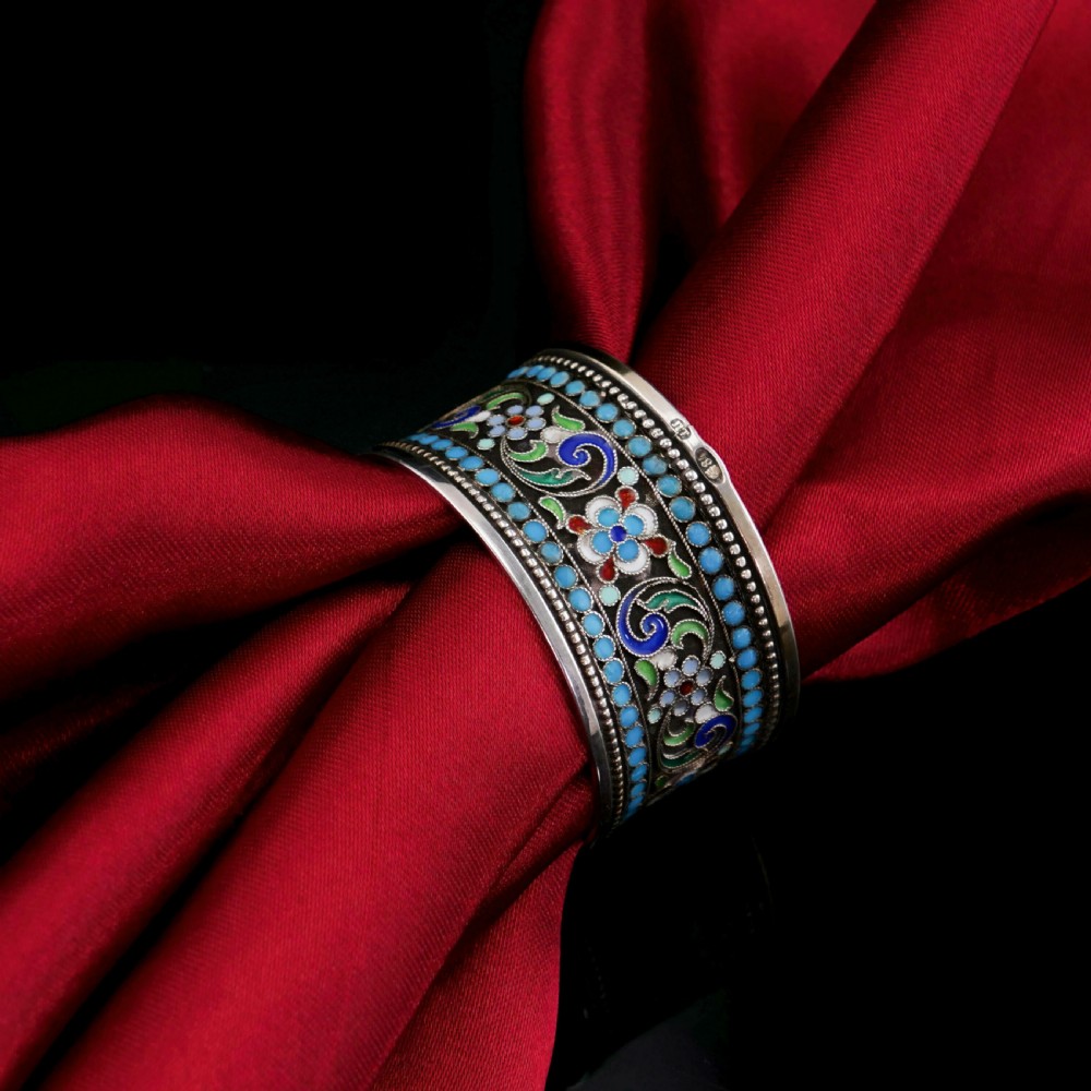 Antique Imperial Russian Solid Silver Cloisonne Enamel Napkin Ring - c1910 View XII