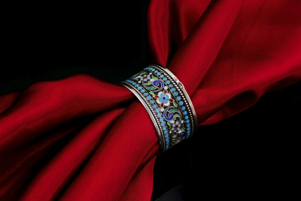 Antique Imperial Russian Solid Silver Cloisonne Enamel Napkin Ring - c1910 View XIII