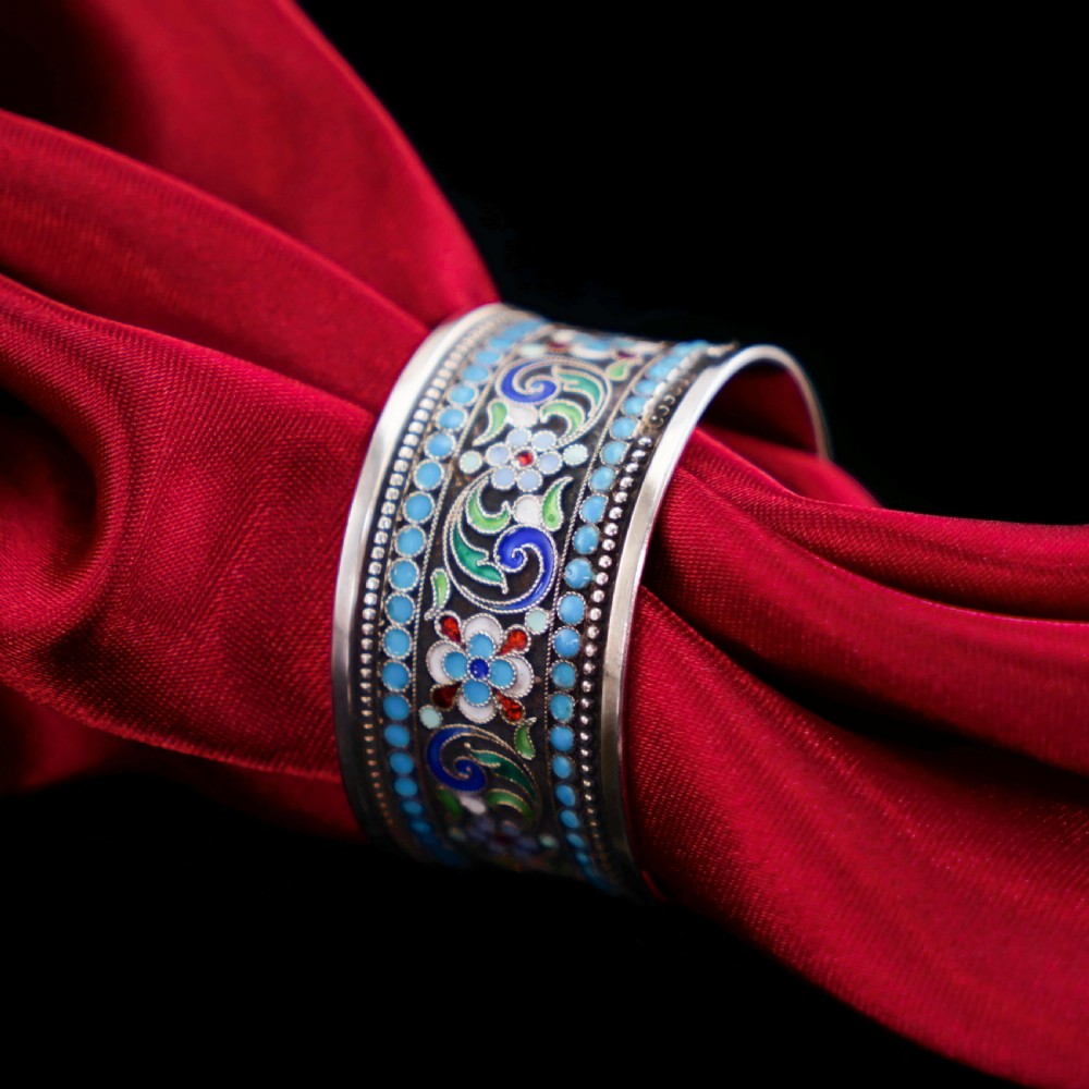 Antique Imperial Russian Solid Silver Cloisonne Enamel Napkin Ring - c1910 View XIV